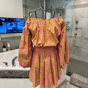 MISA Los Angeles Pink and Gold off the shoulder mini dress